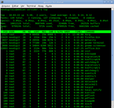 Terminal konsole ativo no Debian Lenny fazendo uso do programa top